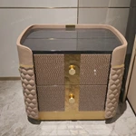 Quilted Leather Nightstand with Woven Panel & Gold Stainless Steel Accents